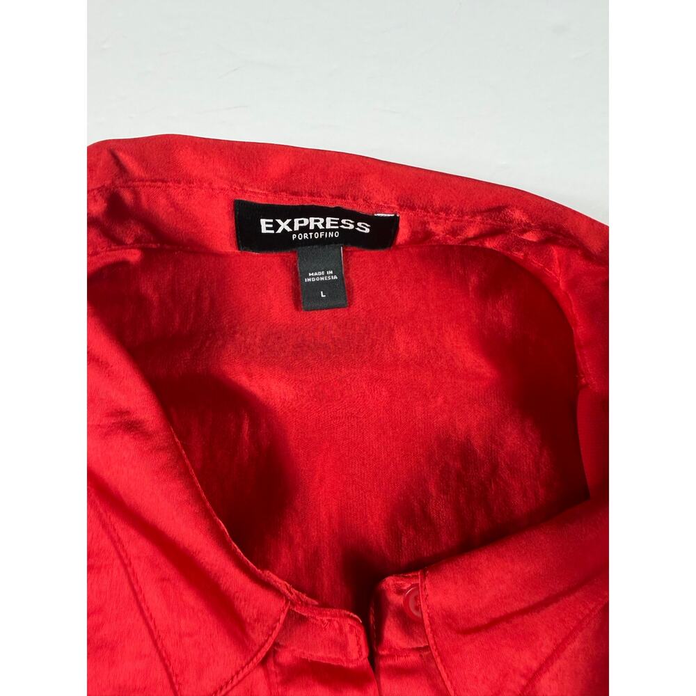 Express Portofino Red Satin Tie Front Button-Up Blouse Women’s Large Holiday - Picture 6 of 13
